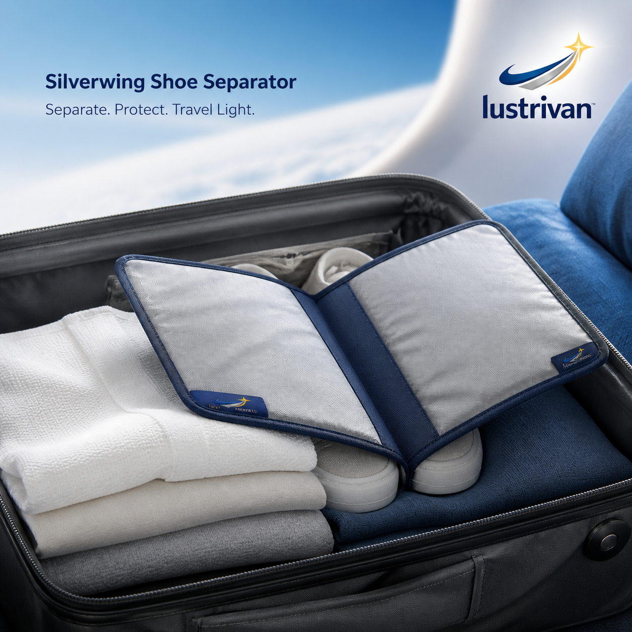Lustrivan™ Silverwing Shoe Separator — Folding Footwear Packing Sleeve